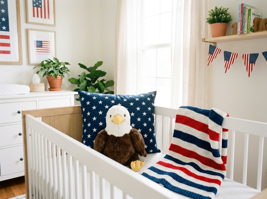 Cuddly bald eagle plush toy in a crib