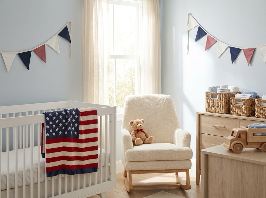 A bright nursery with gentle patriotic American decor
