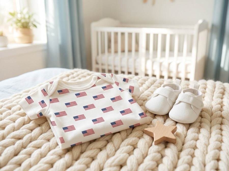 American flag baby onesie flat lay