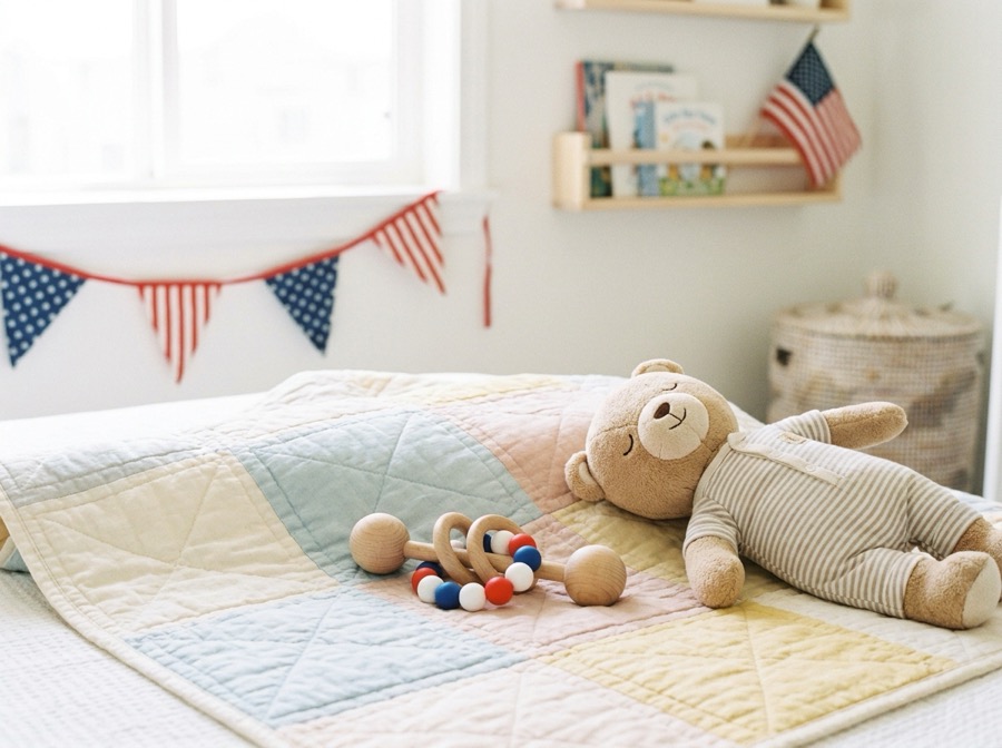 Patriotic baby rattle on a quilt